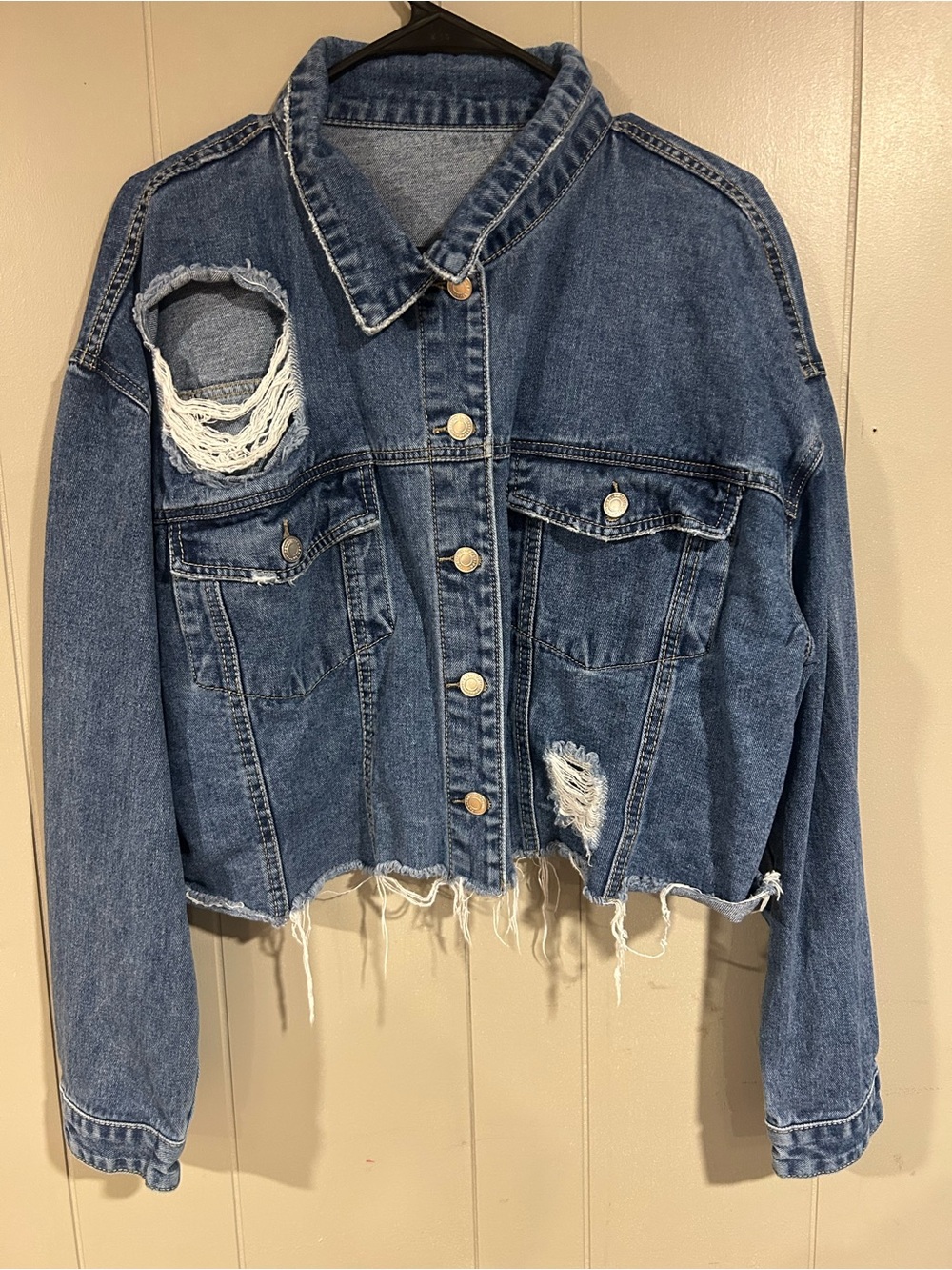 SHEIN Distressed Blue Cropped Denim Jean Jacket